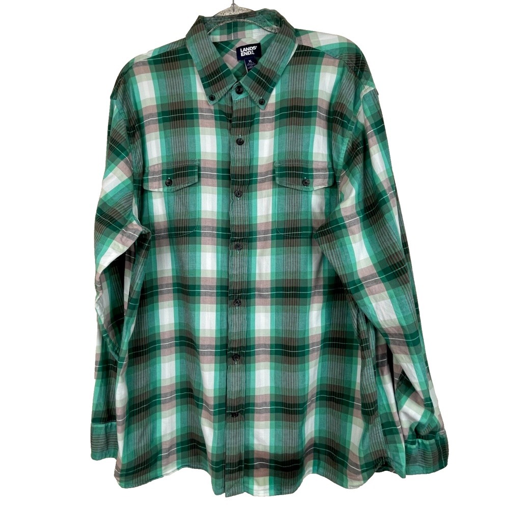 Lands End Traditional Fit XL Button Down Green Plaid Shirt Easter